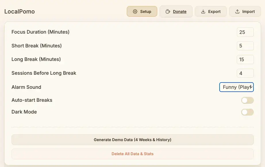 LocalPomo setup screen showing no account required